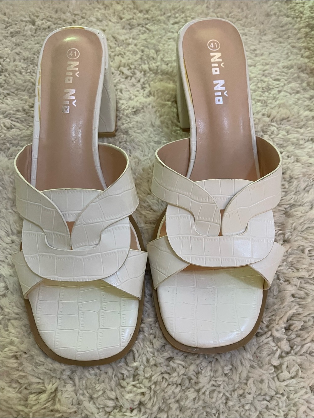 White/Cream Croc-Embossed Heel Mules